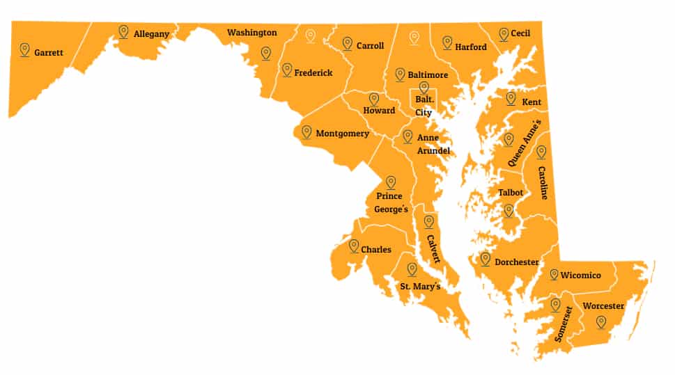 Map of Maryland with the following counties: Garrett, Allegany, Washington, Frederick, Carroll, Baltimore, Harford, Cecil, Montgomery, Howard, Baltimore City, Kent, Prince George’s, Anne Arundel, Talbot, Caroline, Charles, Calvert, Dorchester, St. Mary’s, Wicomico, Somerset, Worcester