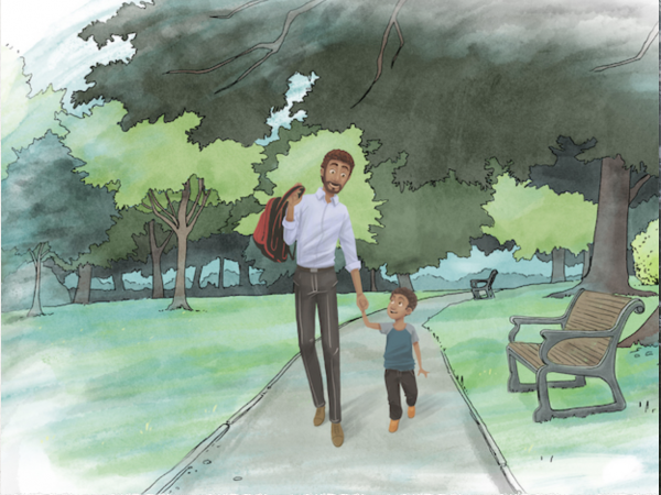 Painting of a father and son going to school