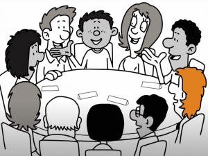 An illustration of a group of people around a table at an IEP meeting