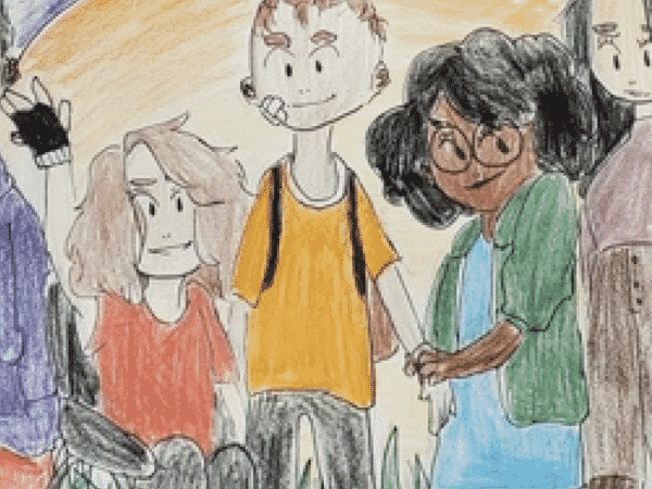 Child's drawing of a diverse group of students together in front of a sun