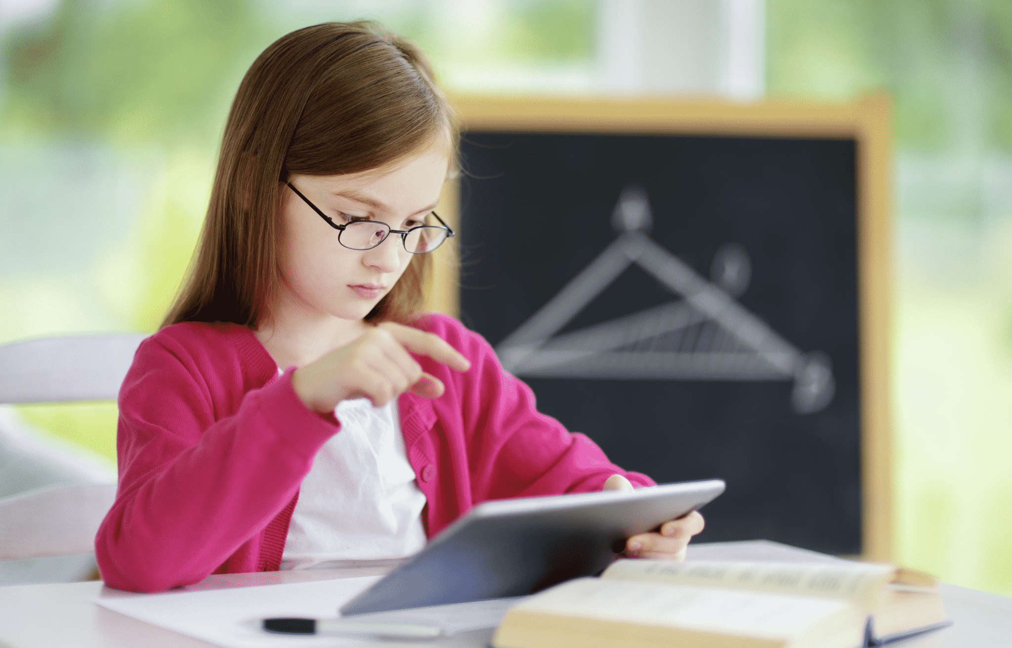 Young girl using a device doing a math problem